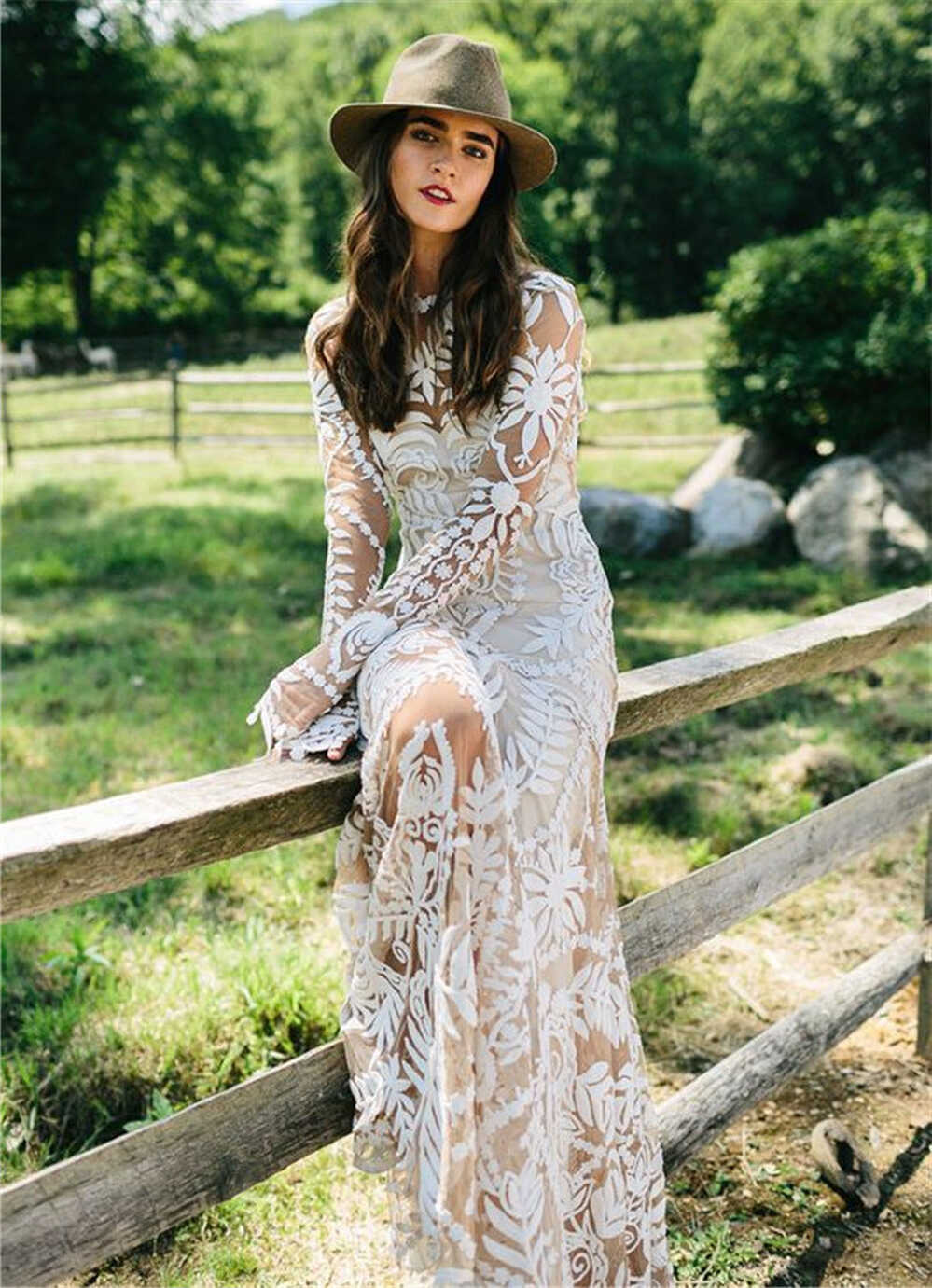 Long Sleeves Lace Boho Wedding Dresses Cheap Mermaid Bridal Gown ...