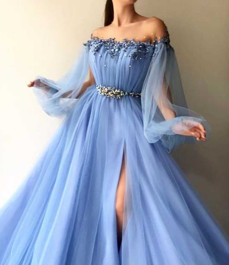 Long Sleeves Light Blue Empire Waist Prom Dresses Formal Evening ...