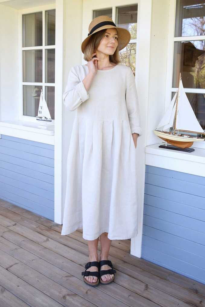 Long Sleeves Linen Dress, Linen Clothing With Pockets, Bellow-the ...