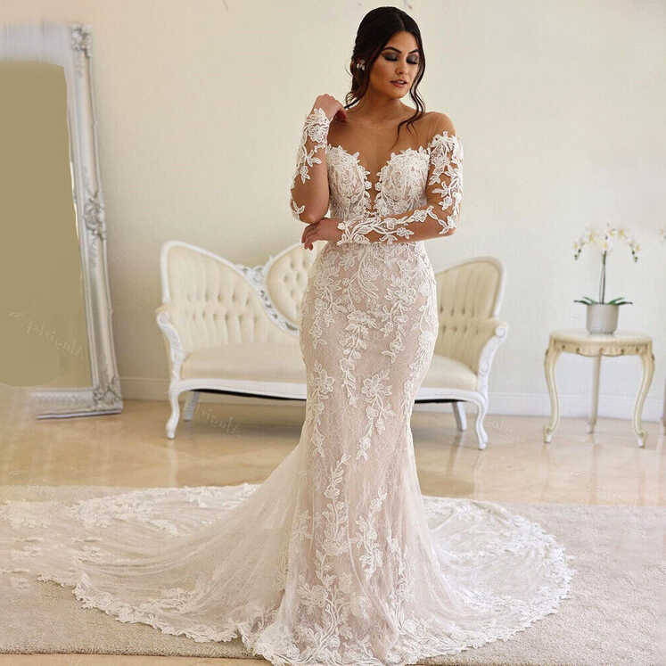 Long Sleeves Mermaid Wedding Dresses Boho Beach Lace Elegant ...