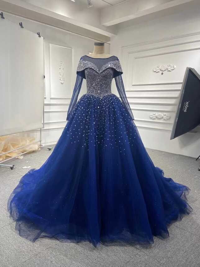 Long Sleeves Navy Blue Wedding Dresses Crystals Sequined Ball Gown ...