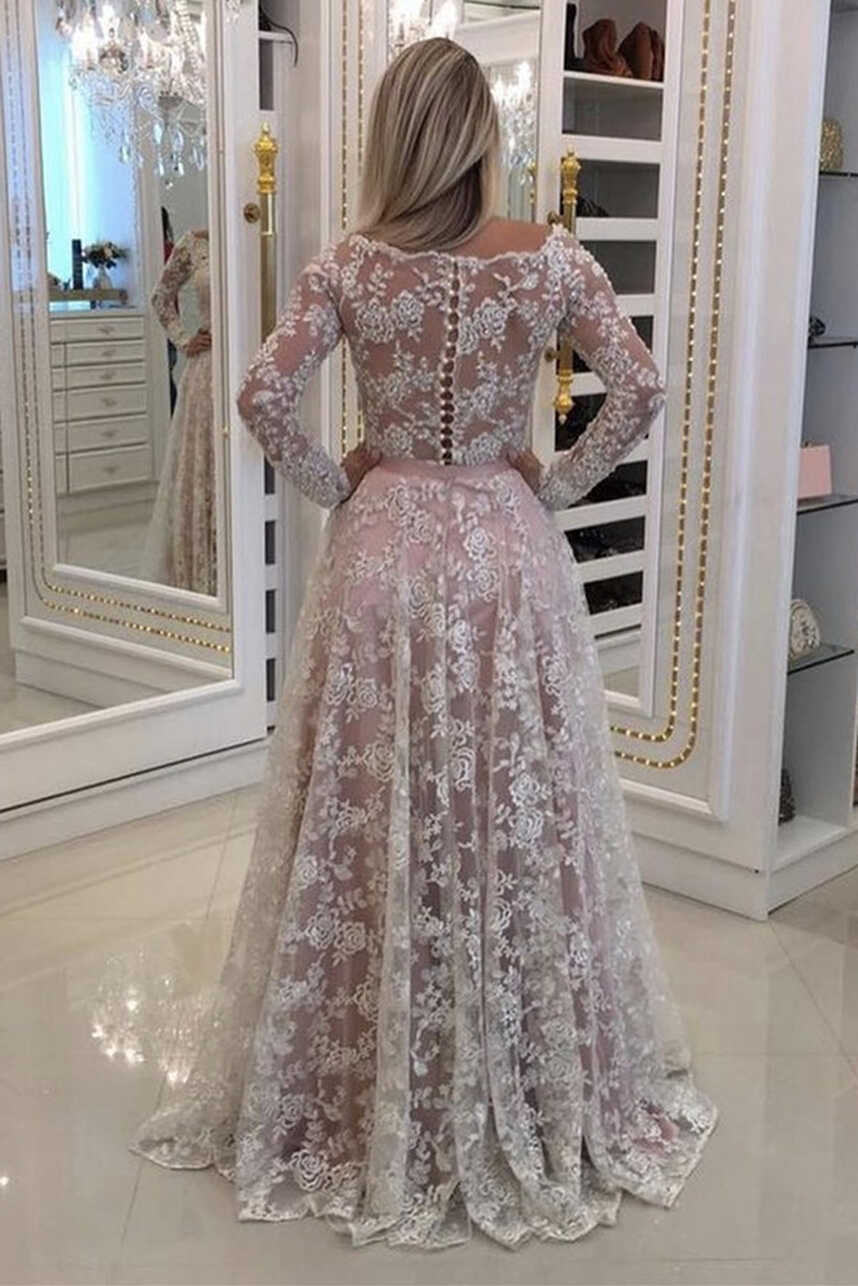 Long Sleeves Pink Lace Long Prom Dress, Pink Lace Formal Dress ...