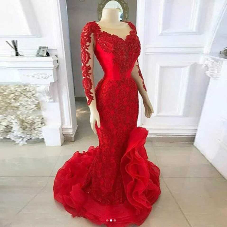 Long Sleeves Prom Dresses Red Lace Organza Mermaid Evening Gowns B4