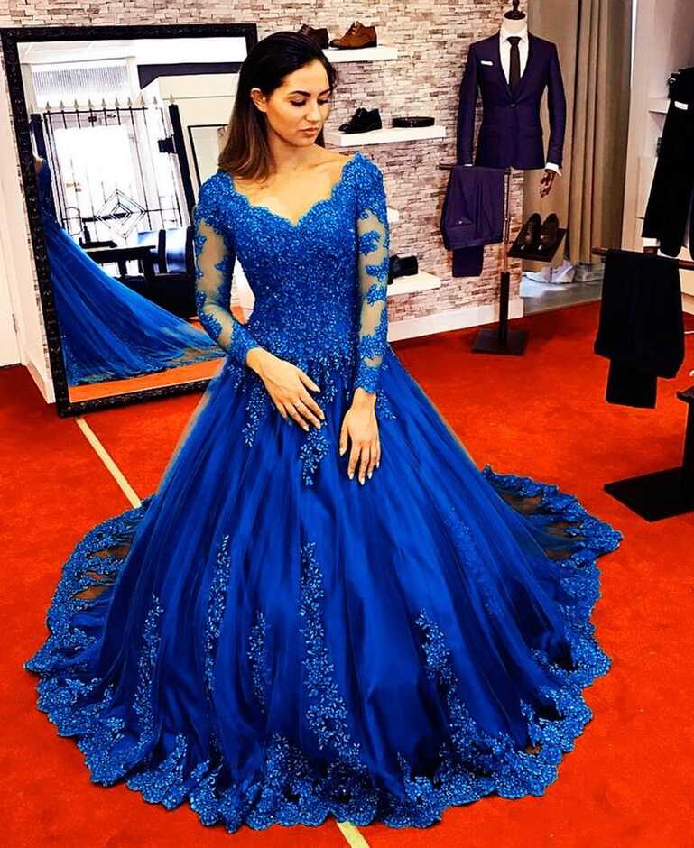 Long Sleeves Royal Blue Lace Ball Gowns Wedding Dresses