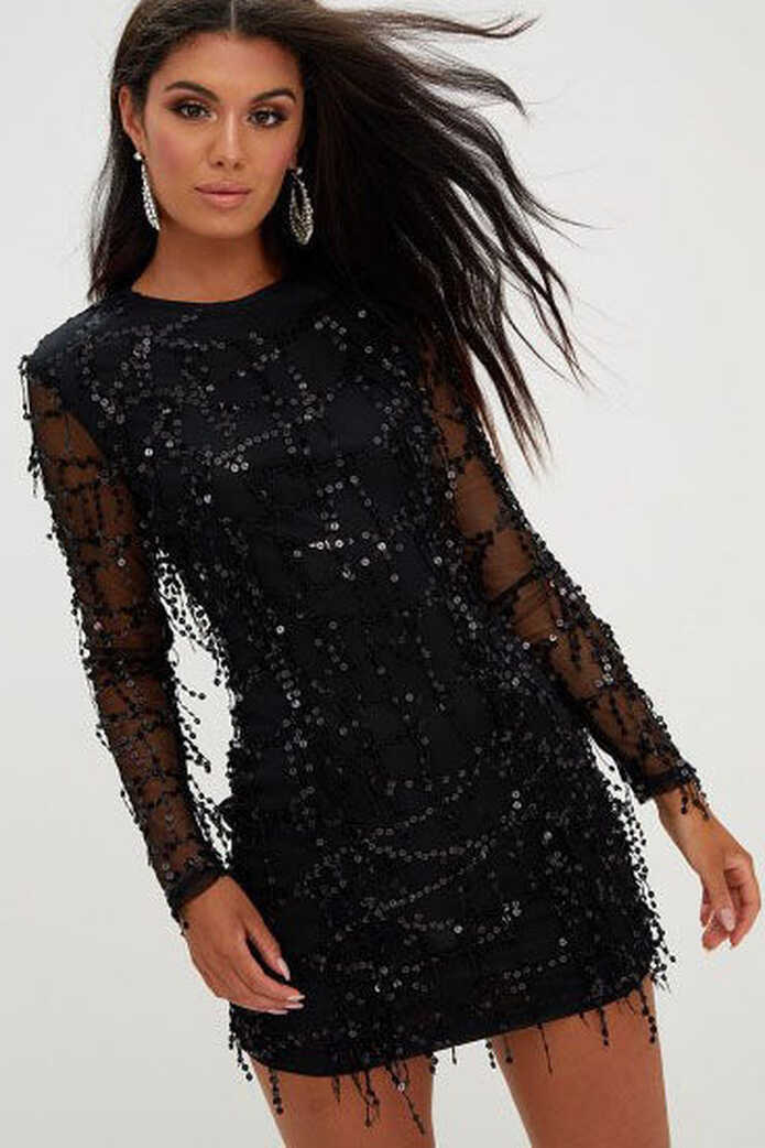 Long Sleeves Sequins Black Short Party Dress – FancyVestido