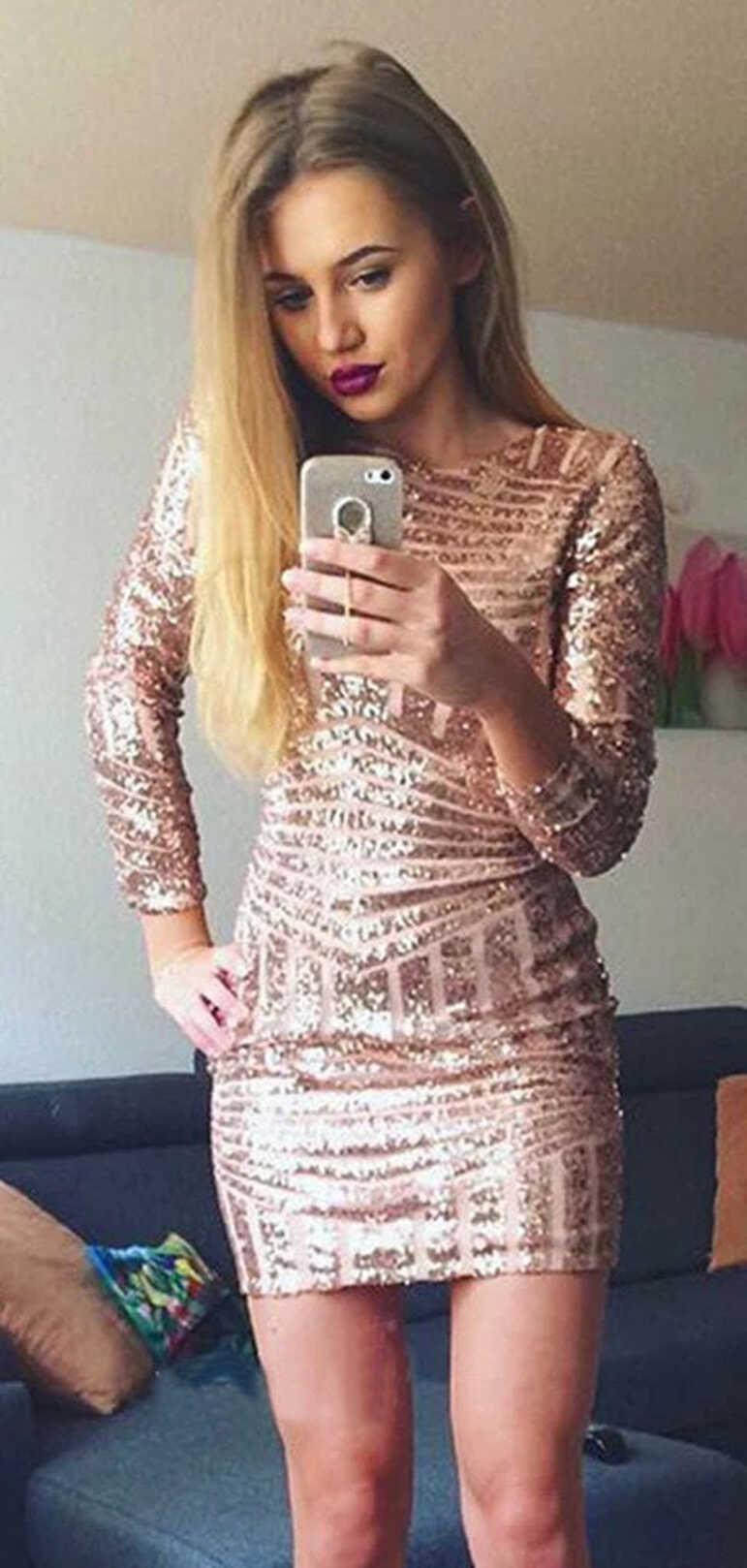 Long Sleeves Sequins Homecoming Dresses, Short Tight Sexy Prom ...