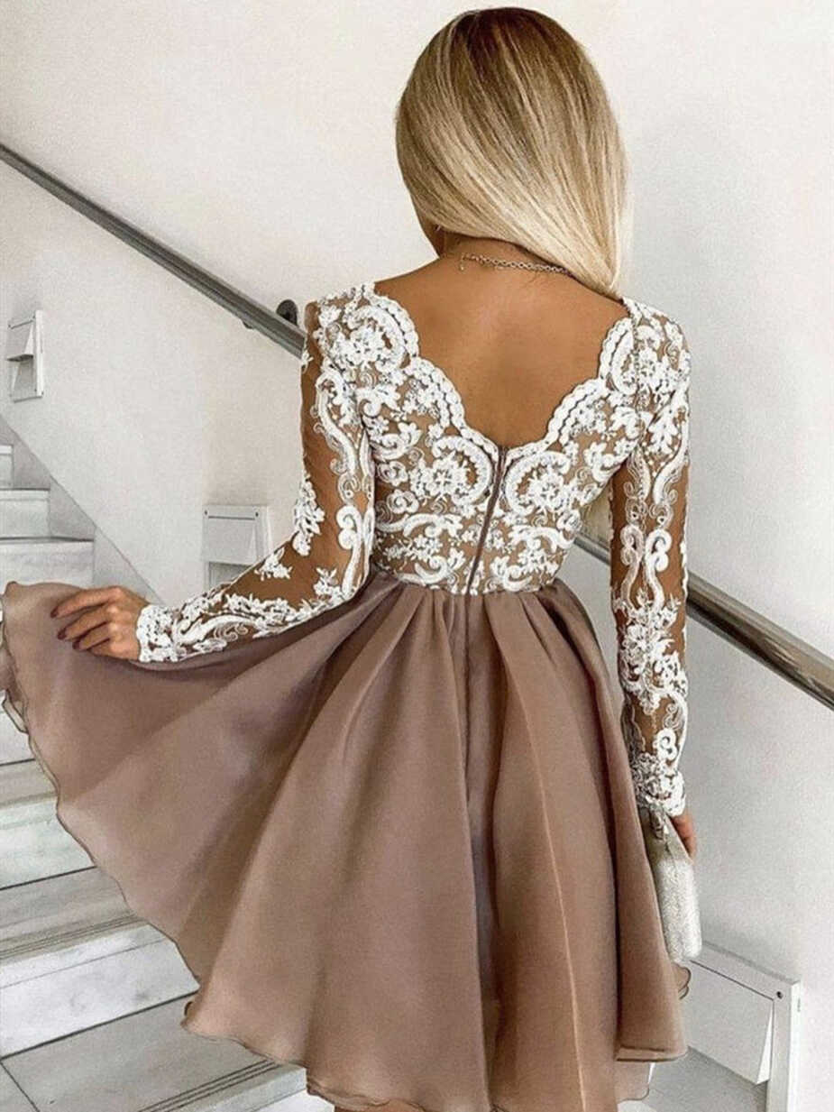 Long Sleeves Short Champagne Lace Prom Dresses, Short Champagne ...