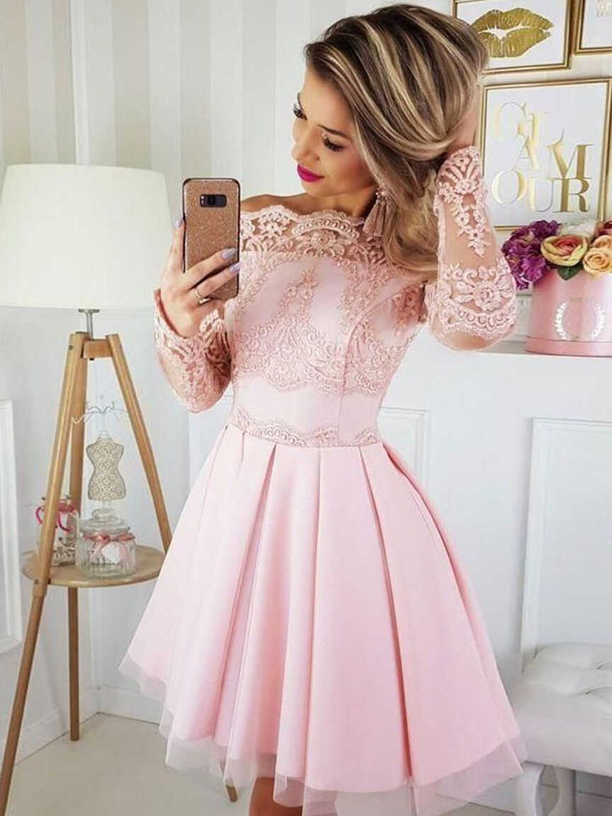 Long Sleeves Short Pink Lace Prom Dresses, Short Pink Lace Formal ...