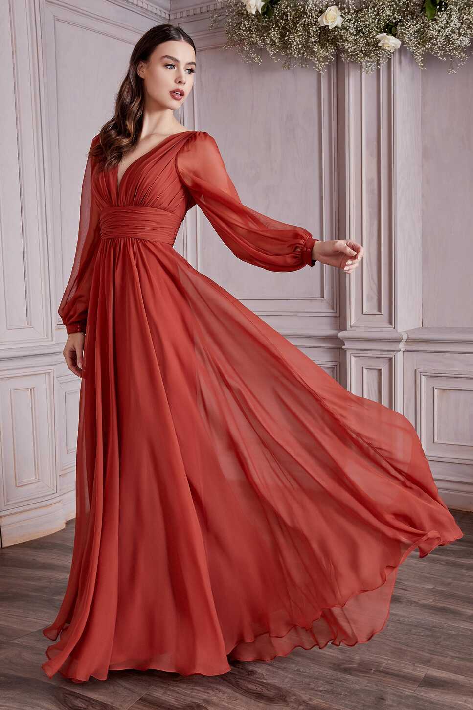 Long Sleeves V- Neckline Chiffon Evening Dress CD0192 – Sparkly Gowns