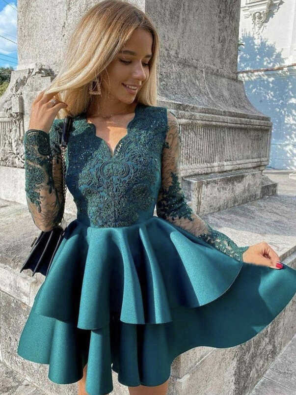 Long Sleeves V Neck Short Green Lace Prom Dresses, Long Sleeves ...