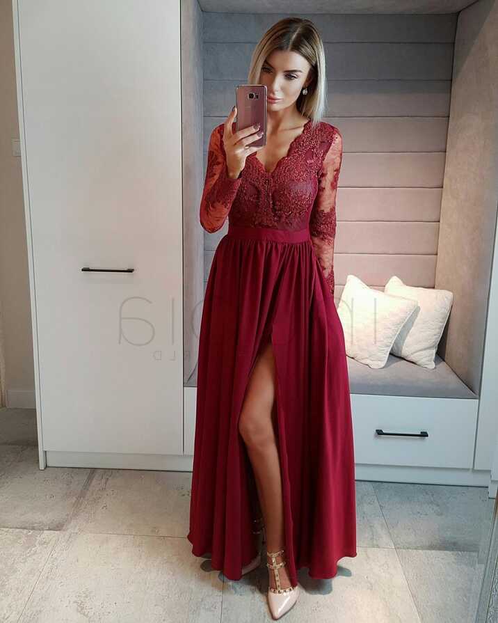 Long Sleeves Wine Red Prom Dress.formal Occasion Dress, Burgundy ...