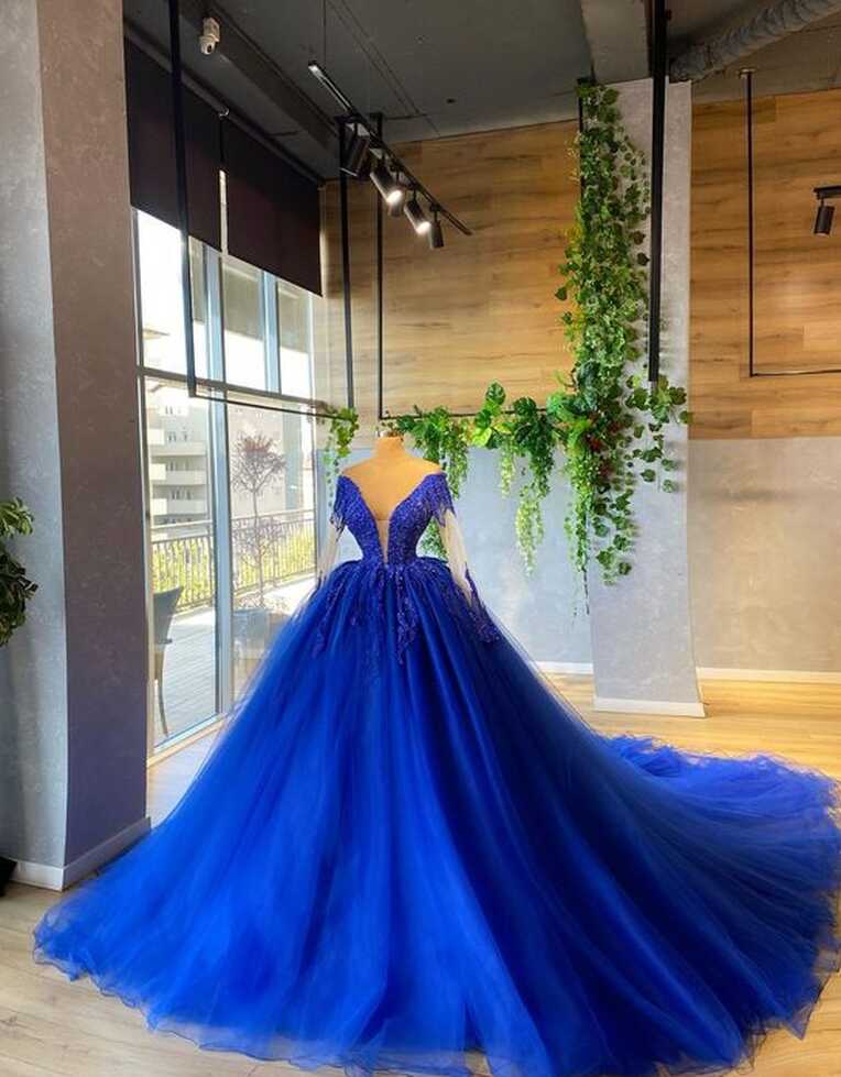 Long Sleve Royal Blue Prom Dresses Ball Gown Lace Applique Beaded ...