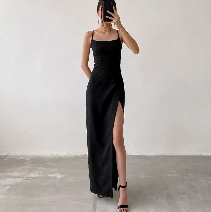 Long Slip Black Spaghetti Strap Dresses – Mokoler