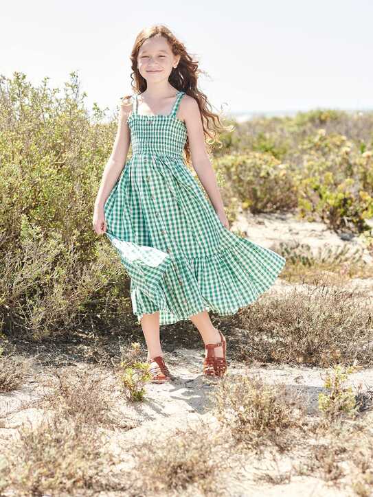 Long Smocked Dress for Girls - green medium checks, Girls | Vertbaudet