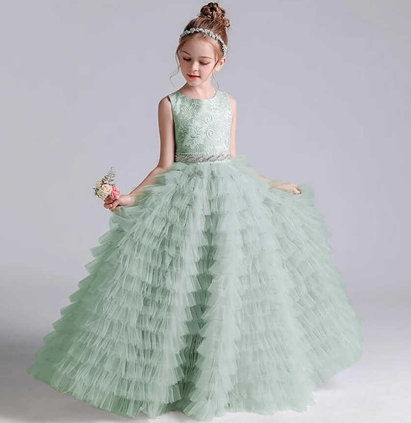 Long Tulle Flower Girl Dress - Enchanting Green Elegance