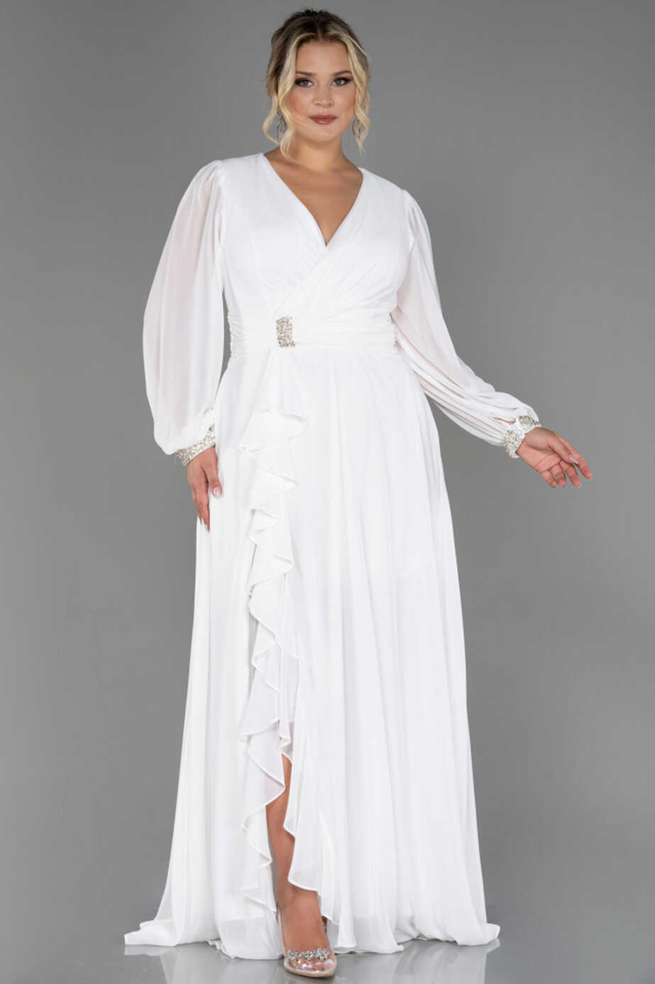 Long White Chiffon Plus Size Evening Dress ABU3222 | Abiyefon.com