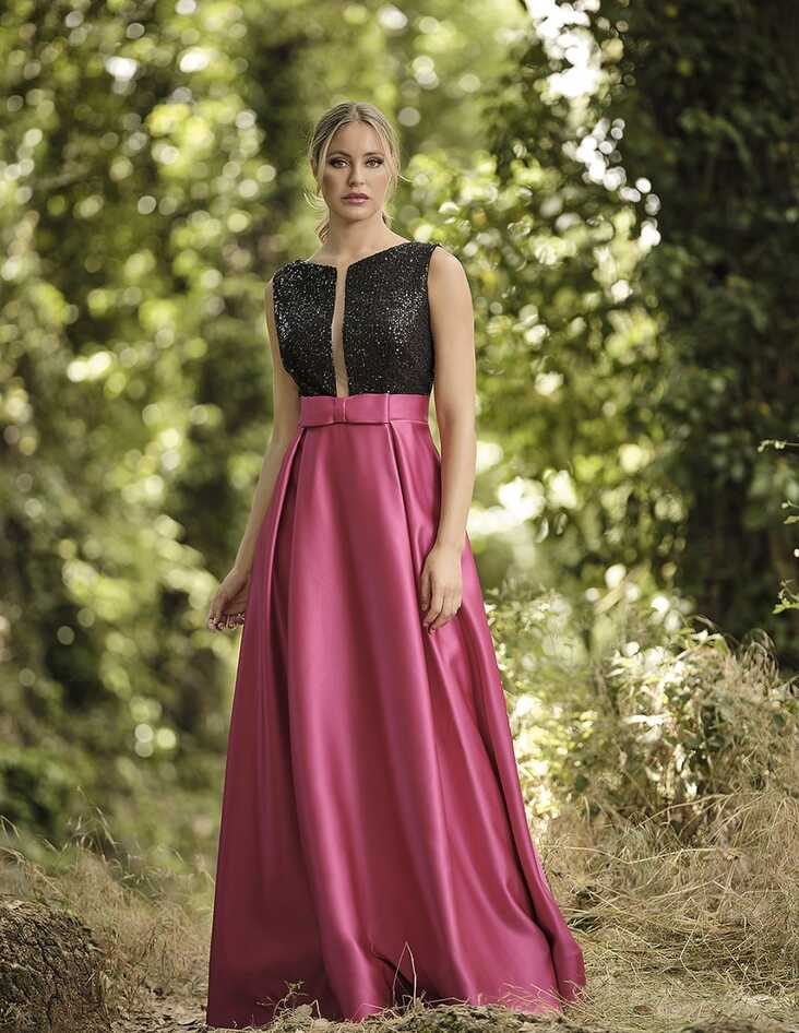 Long pink and black party dress for events | INVITADISIMA