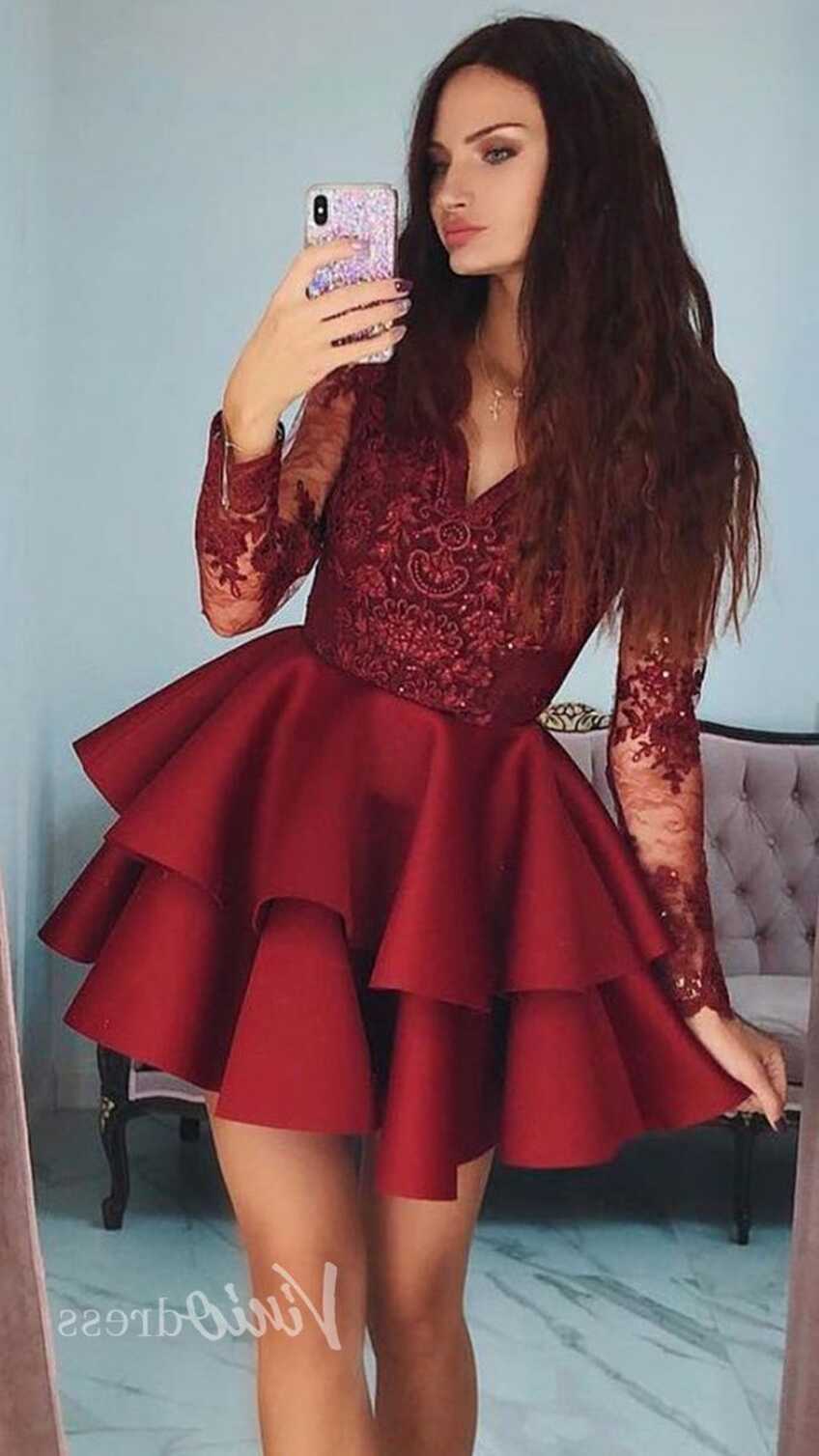 Long sleeve burgundy lace homecoming dresses, short maroon ...