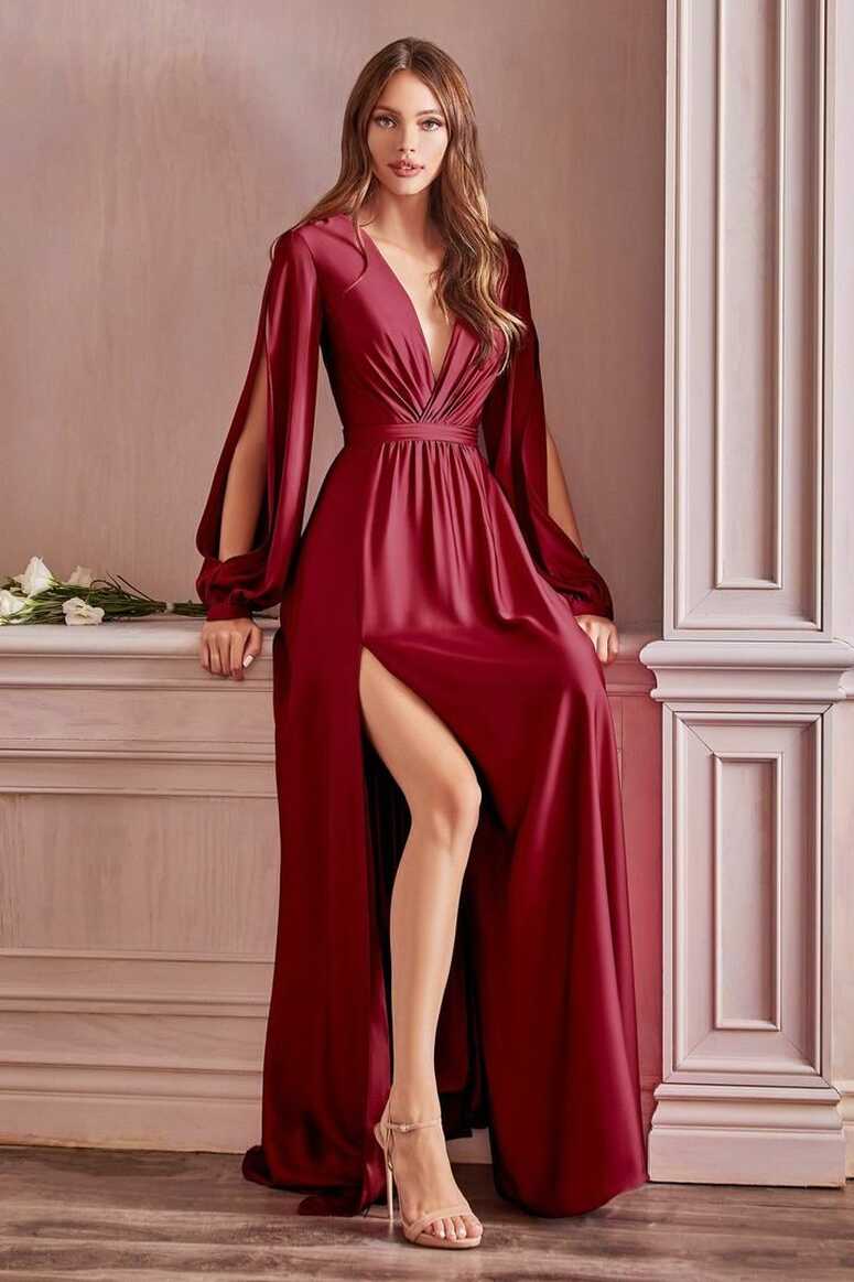 Look chic in this long blouson sleeve satin dress by Cinderella ...