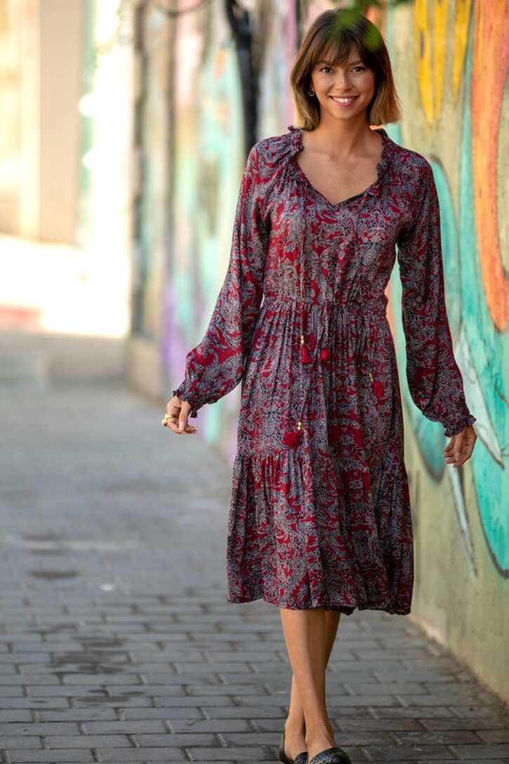 Loose Long Sleeves Dress, Wine Red Ethnic Dress, Below the Knee ...