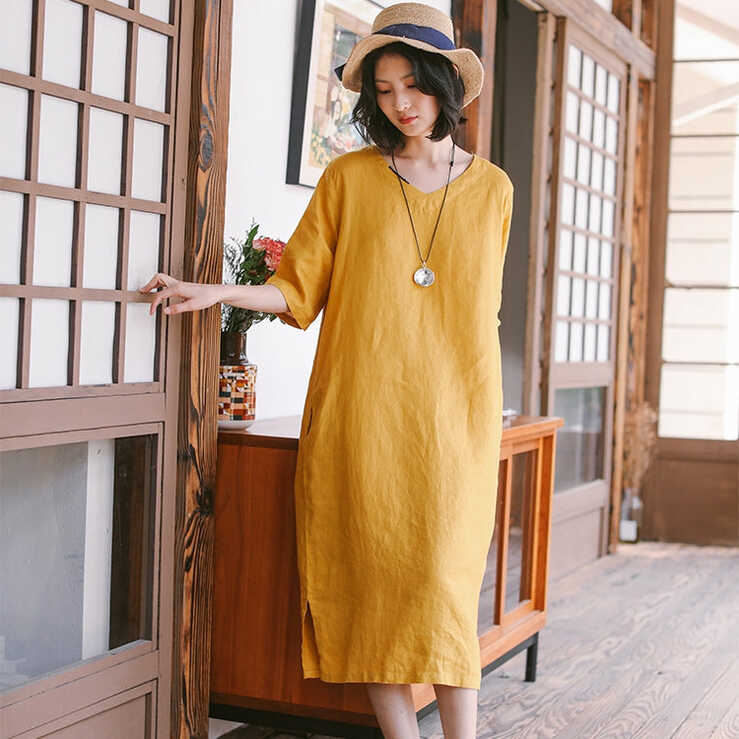 Loose Women Linen Yellow Dresses Summer Casual Outfits Q9410 ...