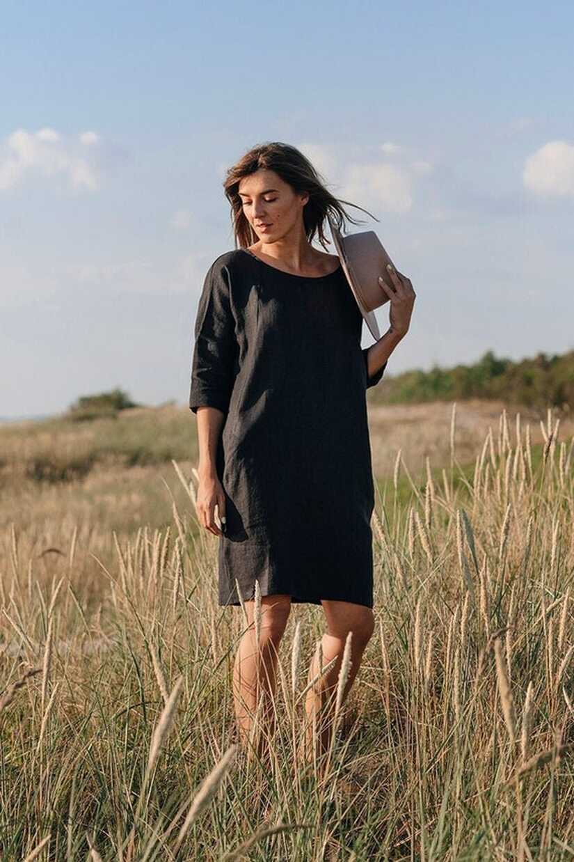 Loose-fit Linen Dress ARUBA in Black. Knee Length, Long Sleeve ...