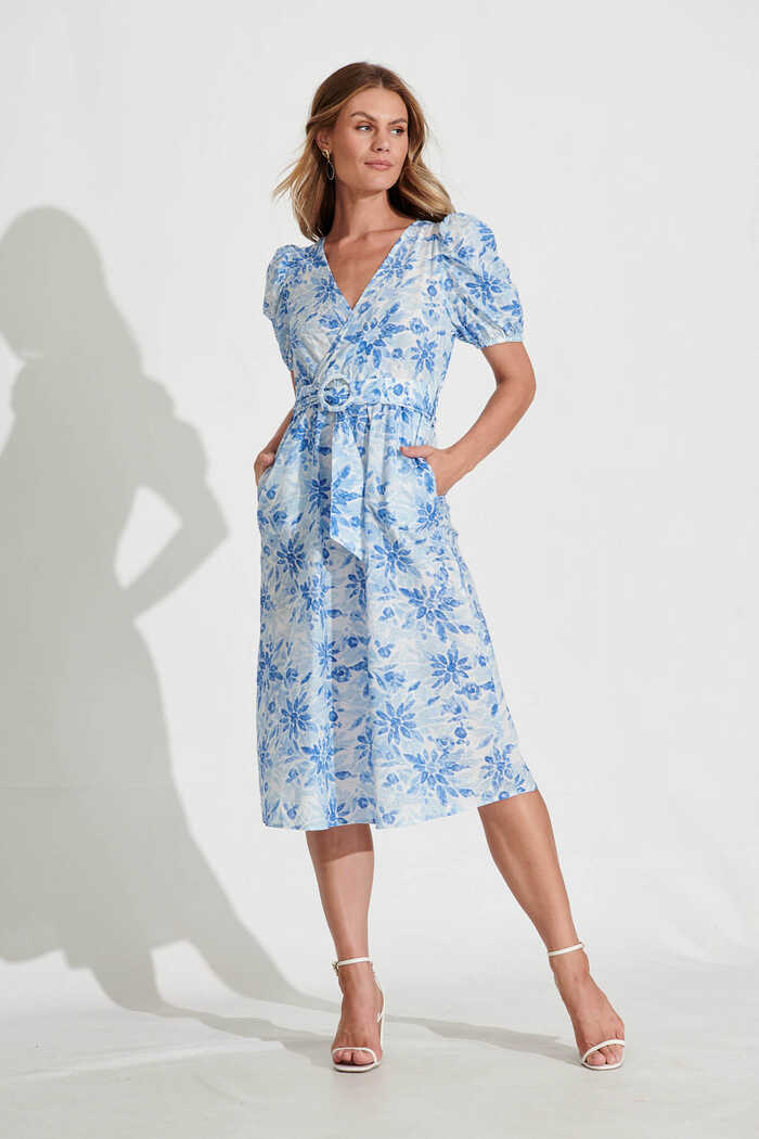 Lori Midi Dress In White With Blue Floral Cotton – St Frock