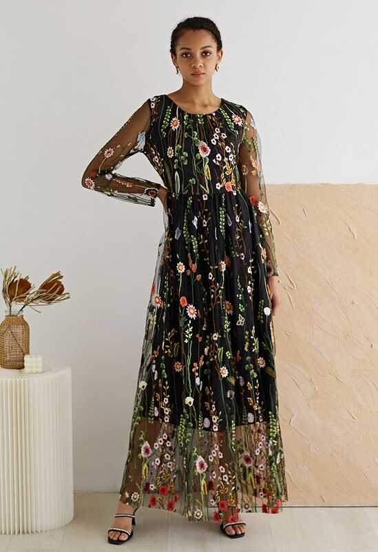 Lost in Flowering Fields Embroidered Mesh Maxi Dress in Black ...