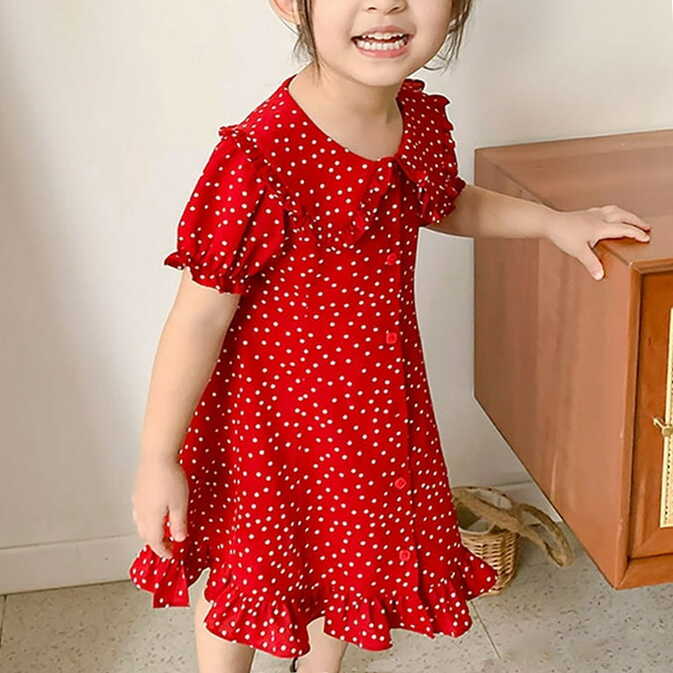 Lovebay Summer Kids Girls Red Polk Dot Pleated Dress Beach Wear ...