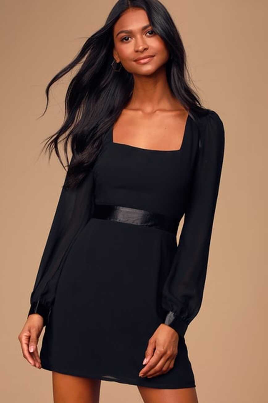 Lovely Black Dress - Long Sleeve Dress - Square Neck Mini Dress ...