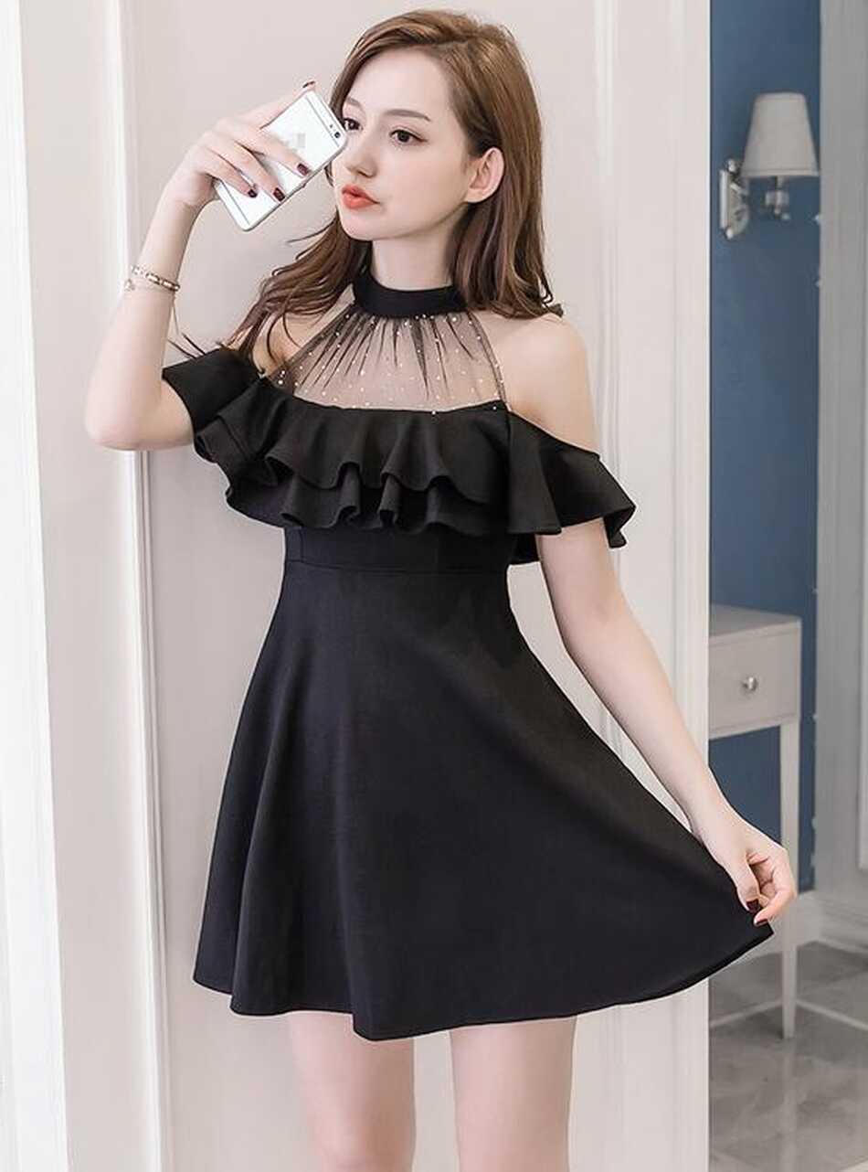 Lovely Black Short Halter Off Shoulder Dress, Women Dresses ...