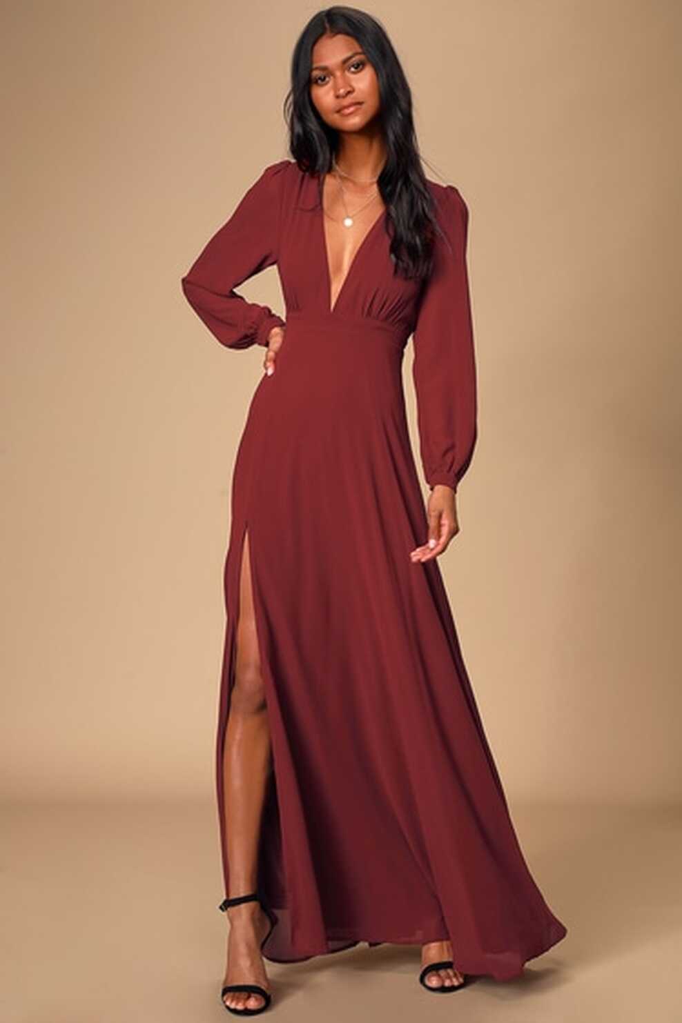 Lovely Burgundy Gown - Long Sleeve Maxi Dress - Maxi Dress - Lulus