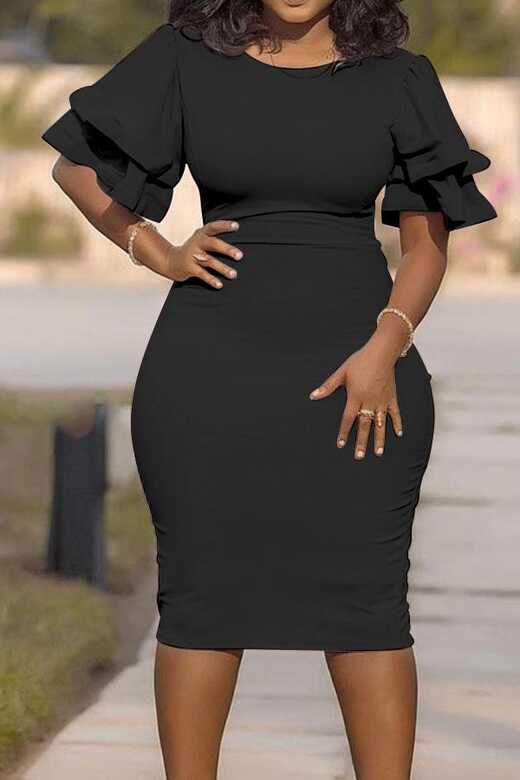 Lovely Casual O Neck Ruffle Black Knee Length Plus Size Dress