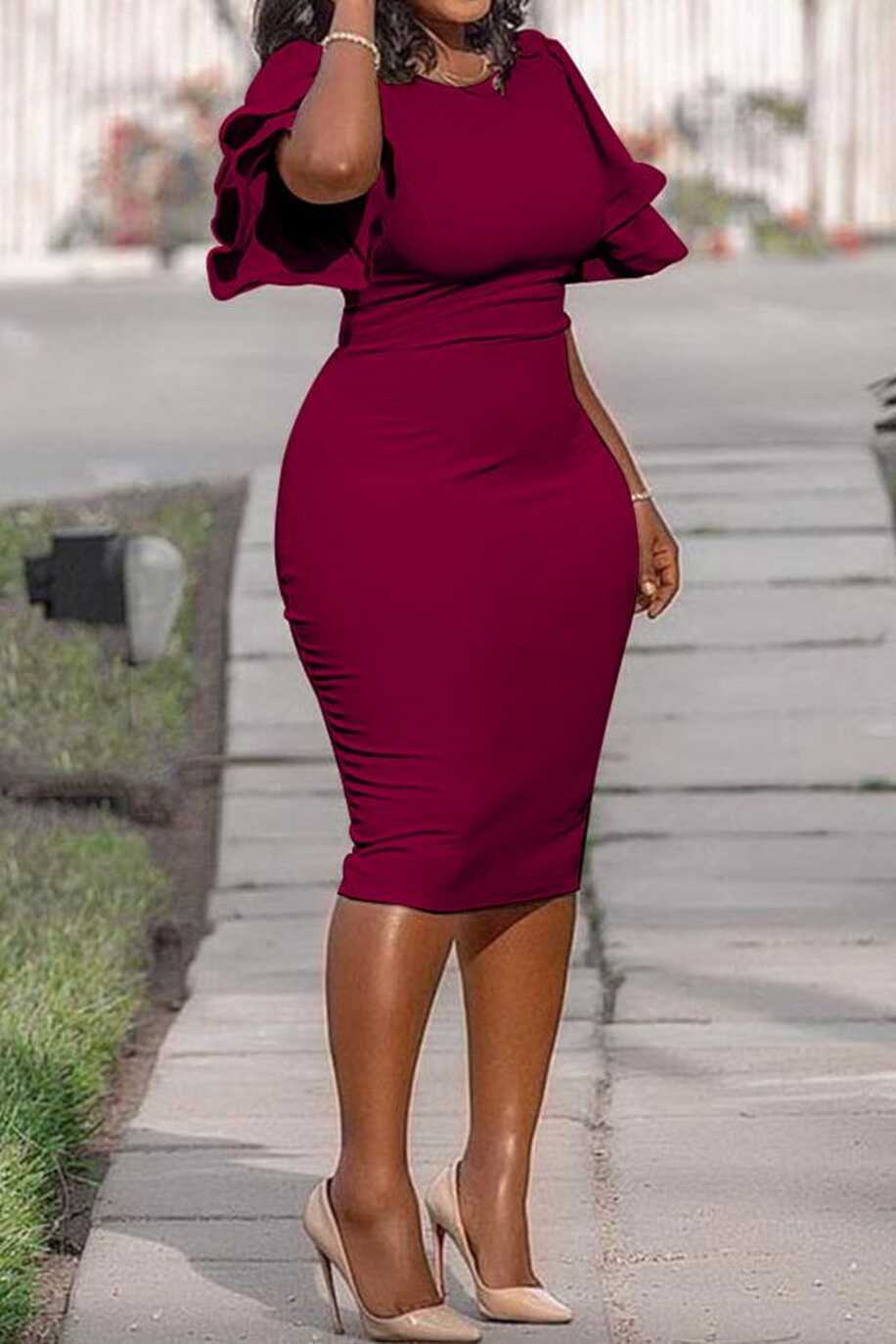 Lovely Casual O Neck Ruffle Wine Red Knee Length Plus Size Dress ...