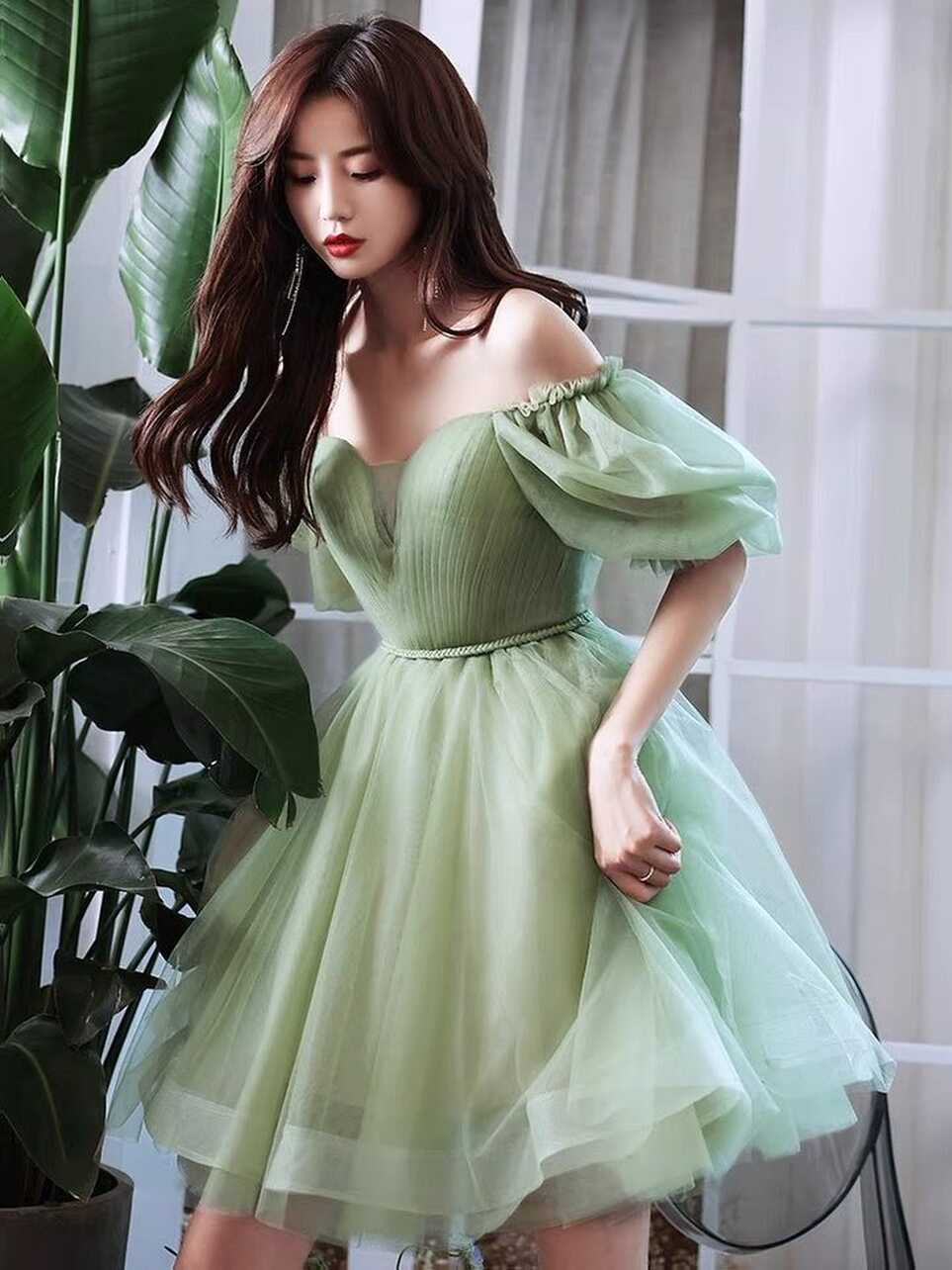 Lovely Green Short Tulle Off Shoulder Party Dress, Green ...