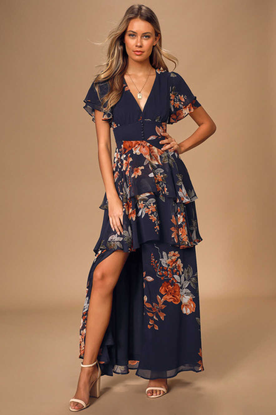 Lovely Navy Blue Dress - Tiered Maxi Dress - Floral Print Dress ...