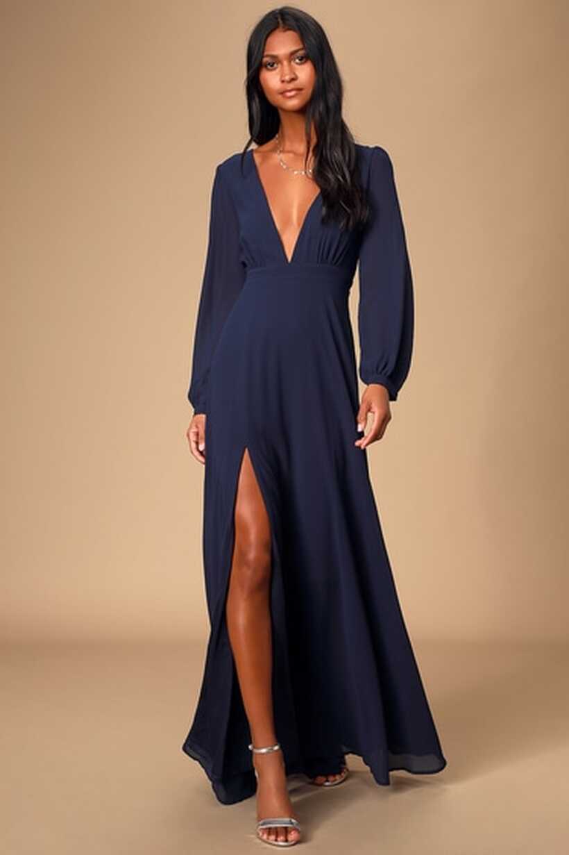 Lovely Navy Blue Gown - Long Sleeve Maxi Dress - Maxi Dress - Lulus