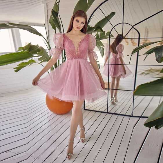 Lovely Pink Dot Tulle Short Engagement Evening Dress For Woman V ...