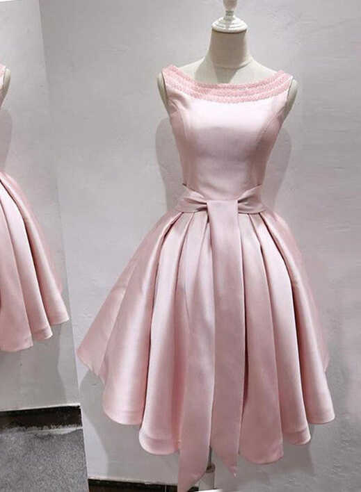 Lovely Pink Satin Round Beaded Knee Length Satin Party Dress, Pink ...