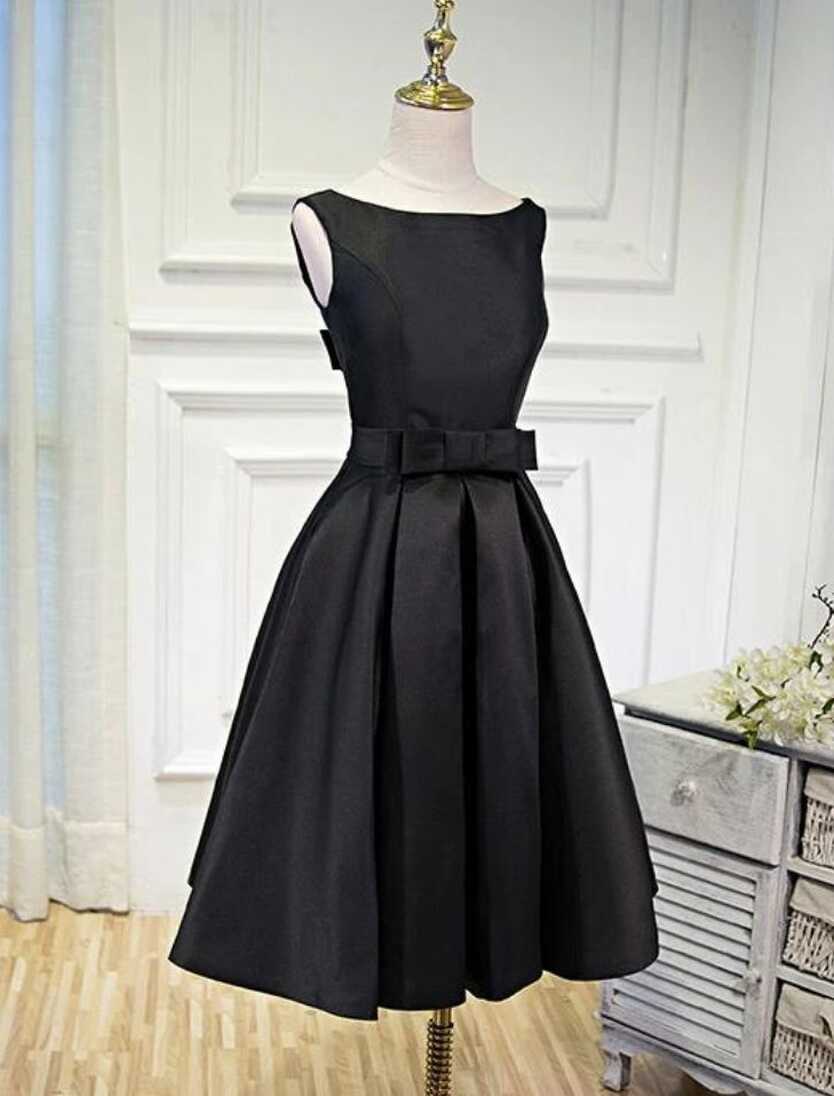 Lovely Simple Black Satin Knee Length Party Dresses - Picture ...