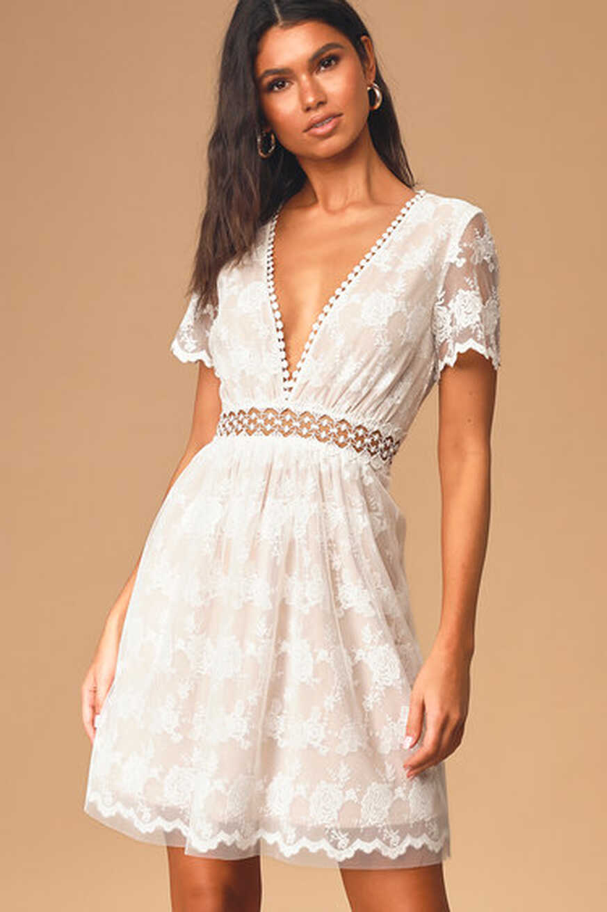 Lovely White Lace Dress - Short Sleeve Skater Dress - Mini Dress ...