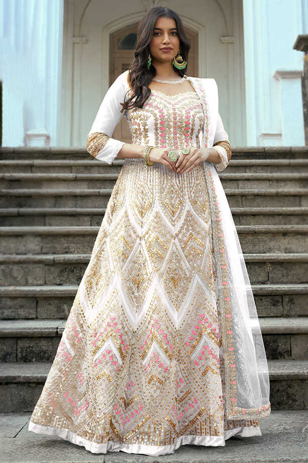 Lowest Price White Anarkali Suit with Dori Work LSTV122558