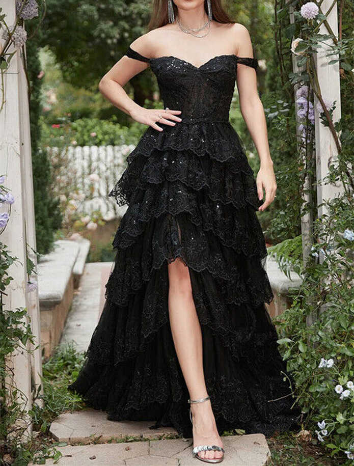 Lowime Black Glitter Ruffle Gown Long Off The Shoulder Tiered Prom ...