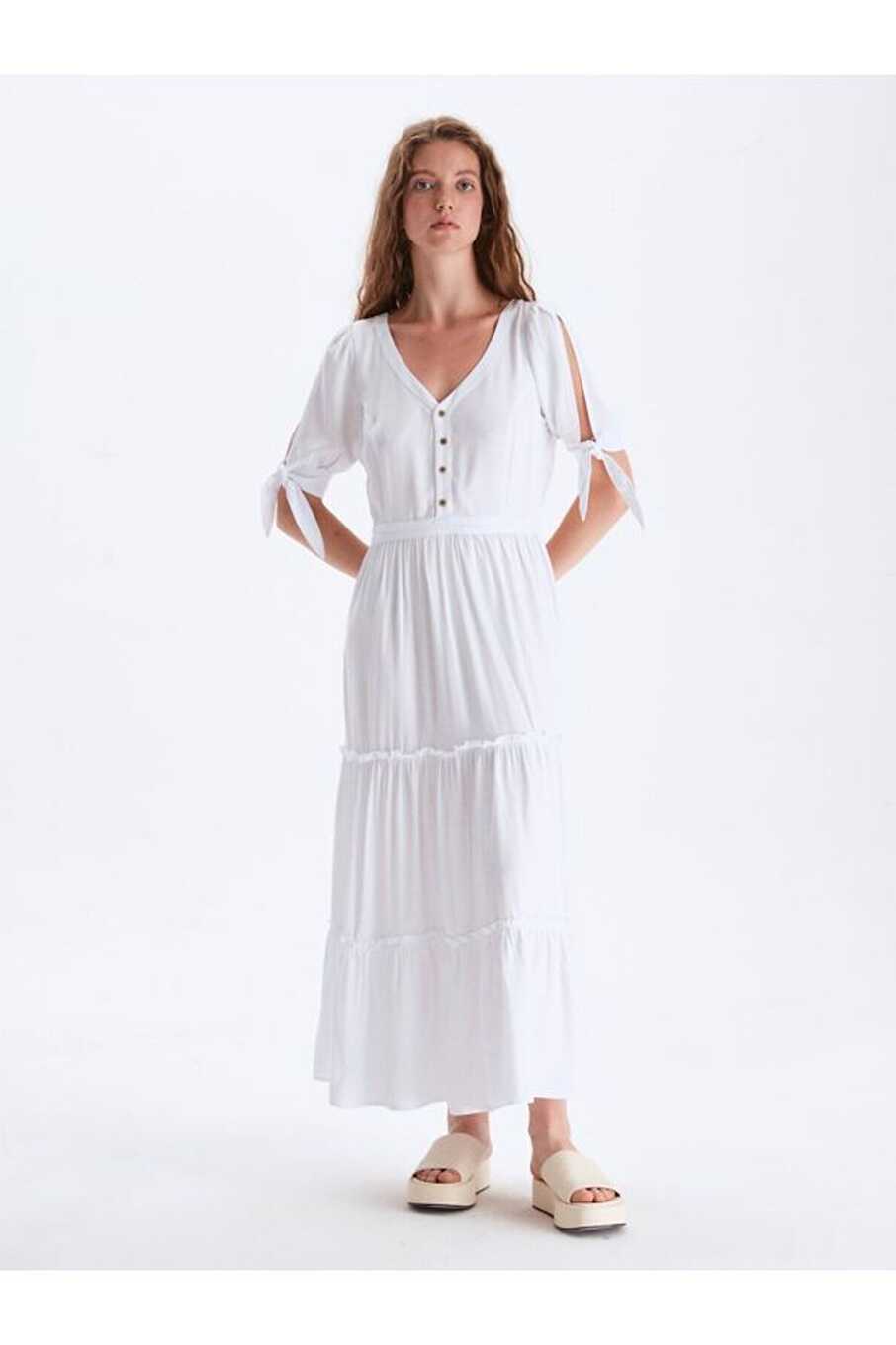 Ltb Long White Dress with Tie-Up Sleeves - Trendyol