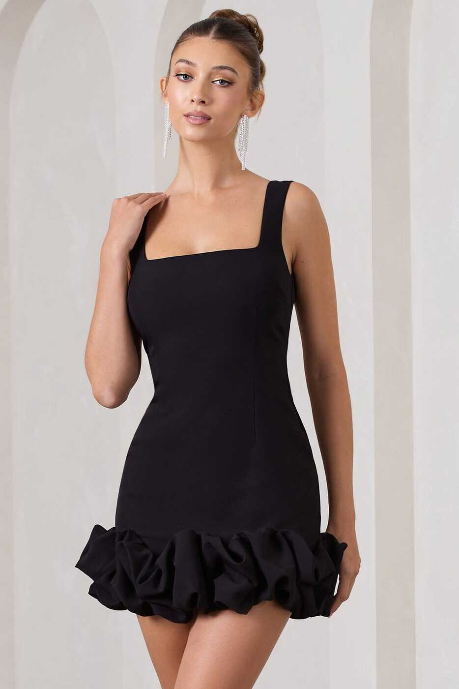 Lucy Black Strappy Mini Dress With Ruffle Trim – Club L London - USA