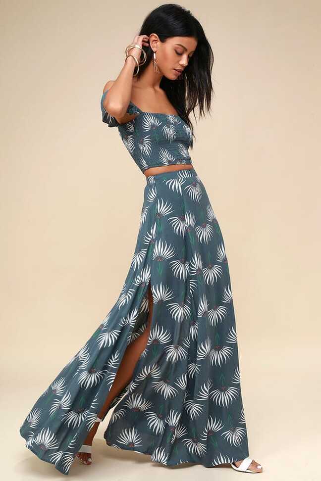 Lulus + Trancoso Dusty Blue Floral Print Two-Piece Maxi Dress