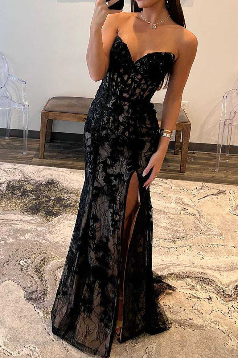 Luuvis Women Black Corset Prom Dress Mermaid Sweetheart Formal ...