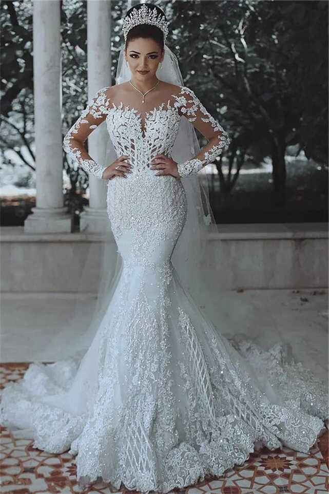 Luxurious Beaded Lace Mermaid Wedding Dresses with Sleeves Sheer ...