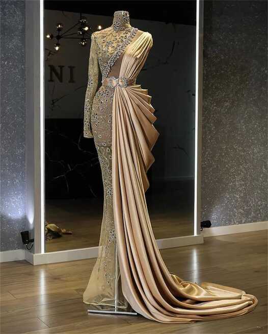 Luxurious Gold Arabic Mermaid Turtleneck Prom Dress With ...