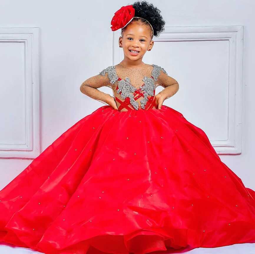 Luxurious Red Crystal Flower Girl Dress With Sheer Neckline ...